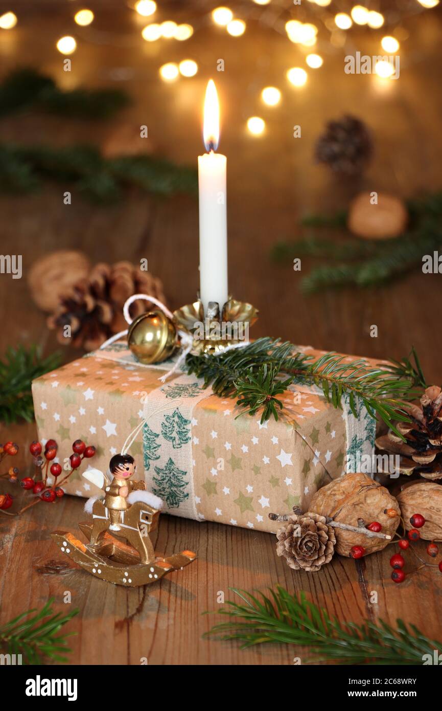 christmas decoration with candle and present box Stock Photo