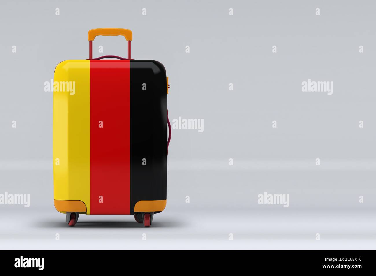 Germany national flag on a stylish suitcases on color background. Space