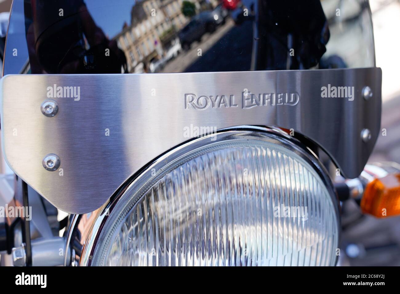 Bordeaux , Aquitaine / France - 07 06 2020 : Royal Enfield logo on front of motorbike headlamp of Indian manufactured motorcycle Stock Photo