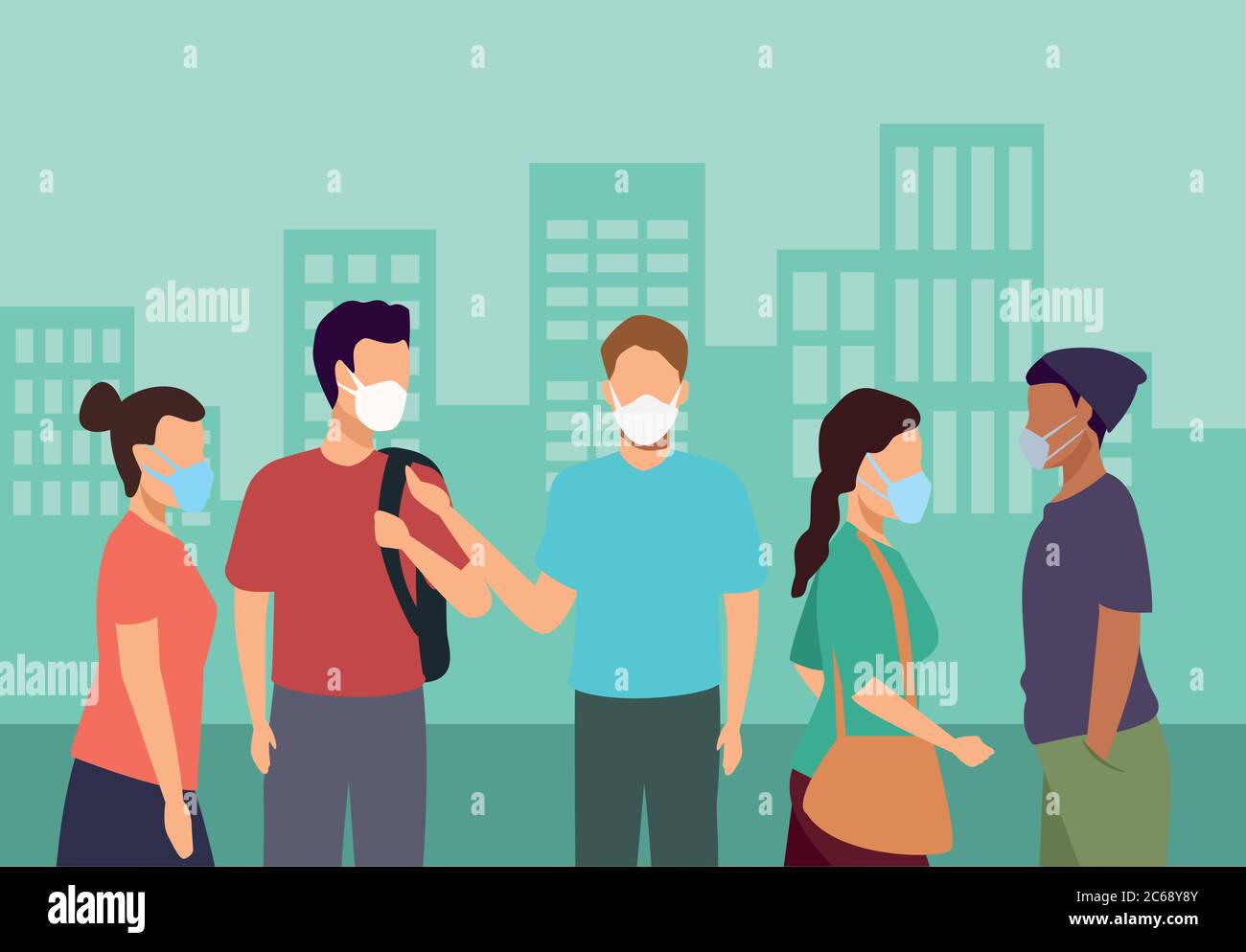 group of young people wearing medical masks on the city vector ...