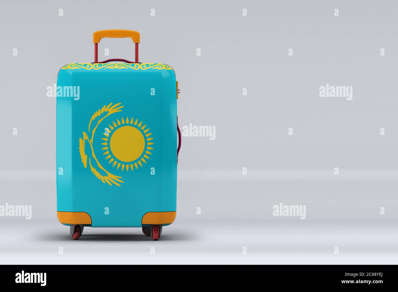 Kazakhstan national flag on a stylish suitcases on color background. Space for text. International travel and tourism concept. 3D rendering. Stock Photo