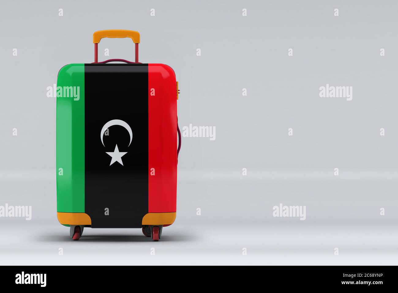 Libya national flag on a stylish suitcases on color background. Space for text. International travel and tourism concept. 3D rendering. Stock Photo