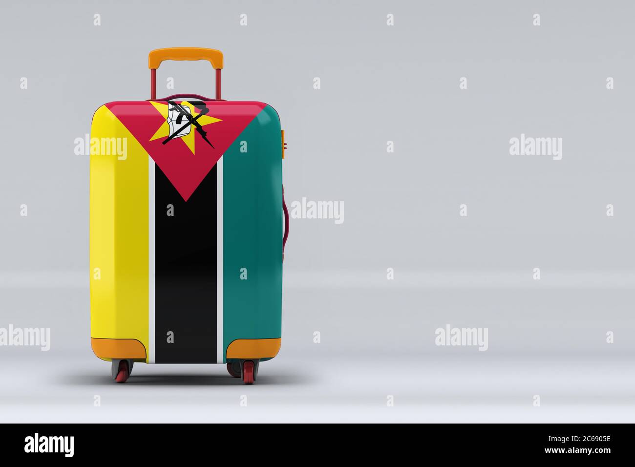 Mozambique national flag on a stylish suitcases on color background. Space for text. International travel and tourism concept. 3D rendering. Stock Photo