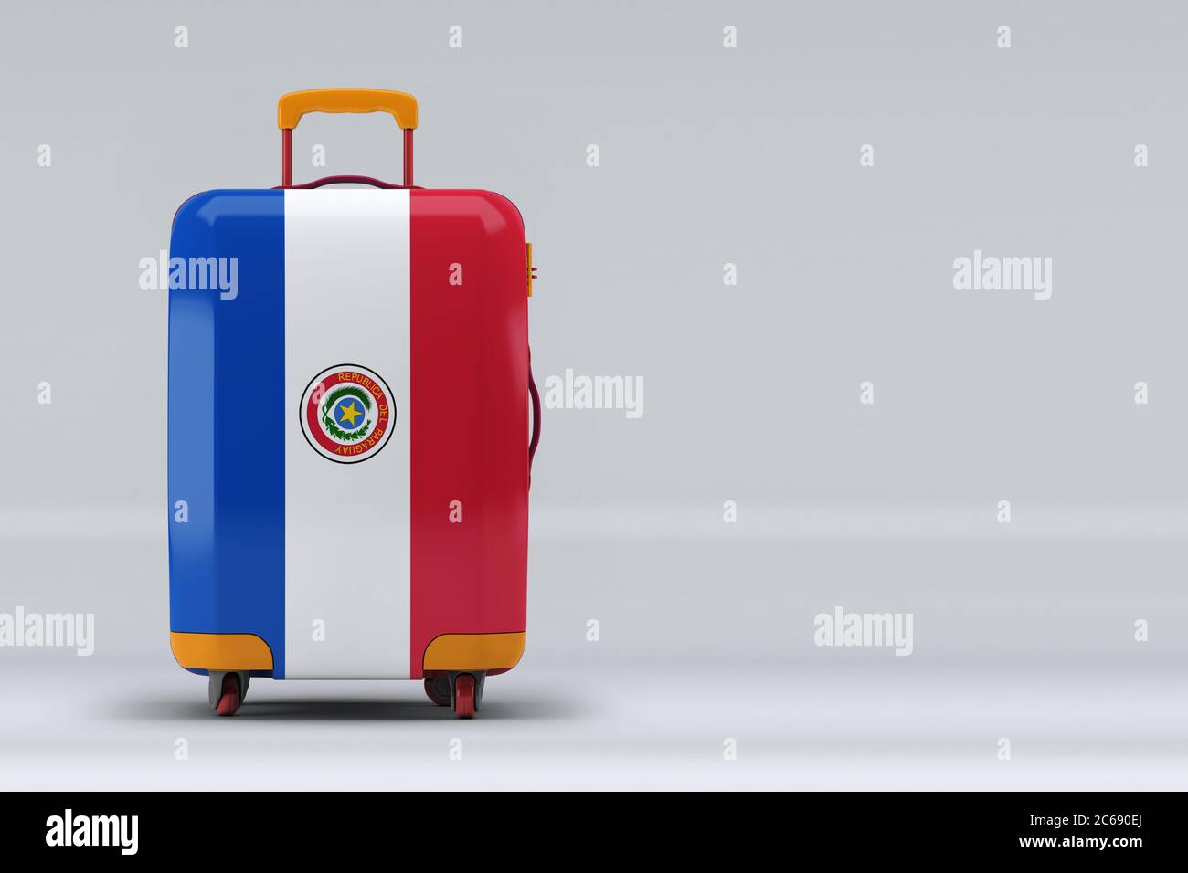 Paraguay national flag on a stylish suitcases on color background. Space for text. International travel and tourism concept. 3D rendering. Stock Photo