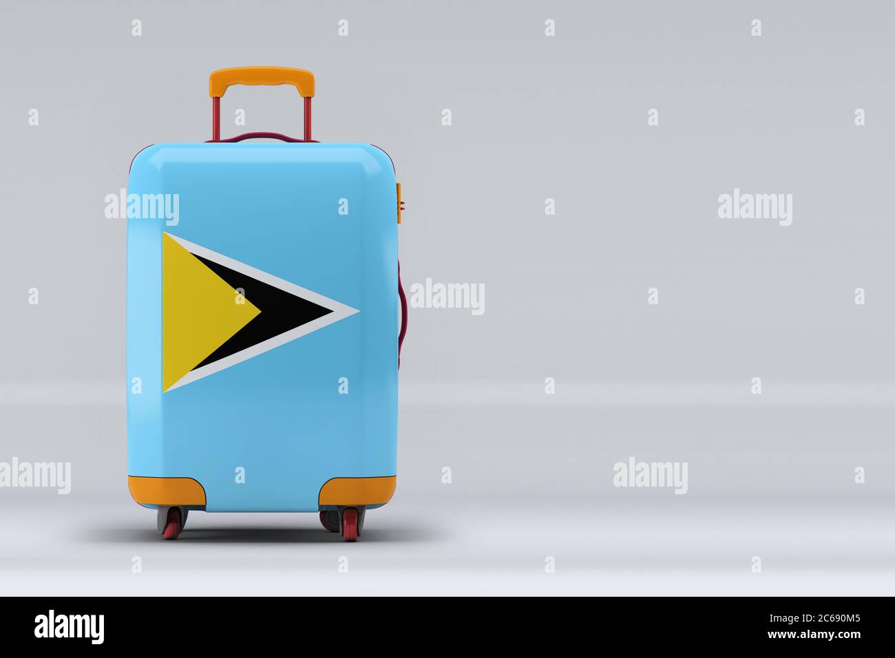 Saint Lucia national flag on a stylish suitcases on color background. Space for text. International travel and tourism concept. 3D rendering. Stock Photo