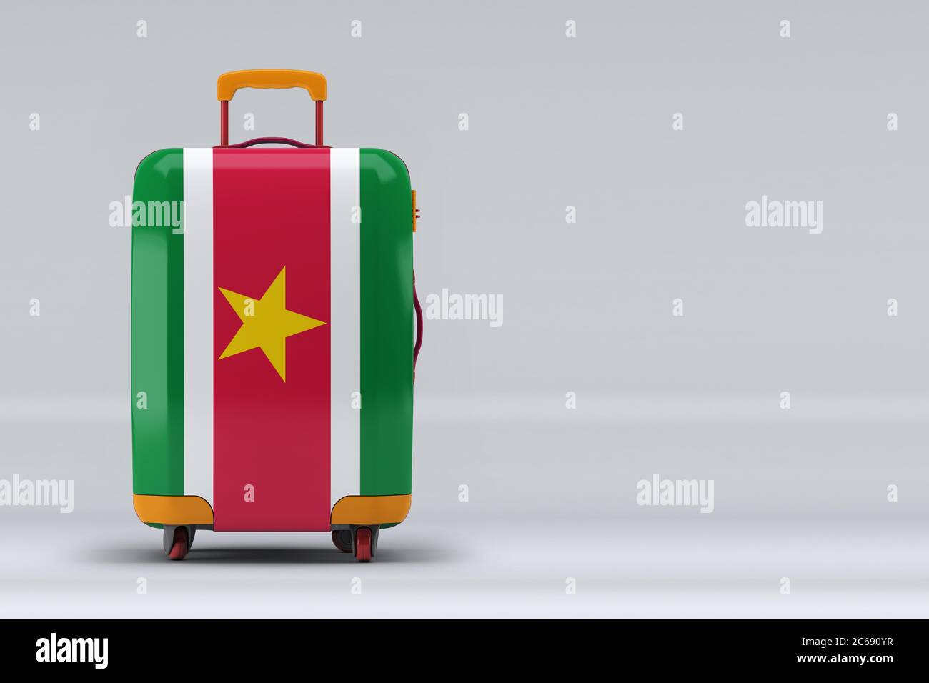 Suriname national flag on a stylish suitcases on color background. Space for text. International travel and tourism concept. 3D rendering. Stock Photo