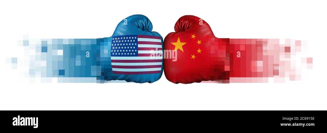 United States China tech cold war and US or USA technology with two opposing digital partners as an economic import and exports conflict concept. Stock Photo