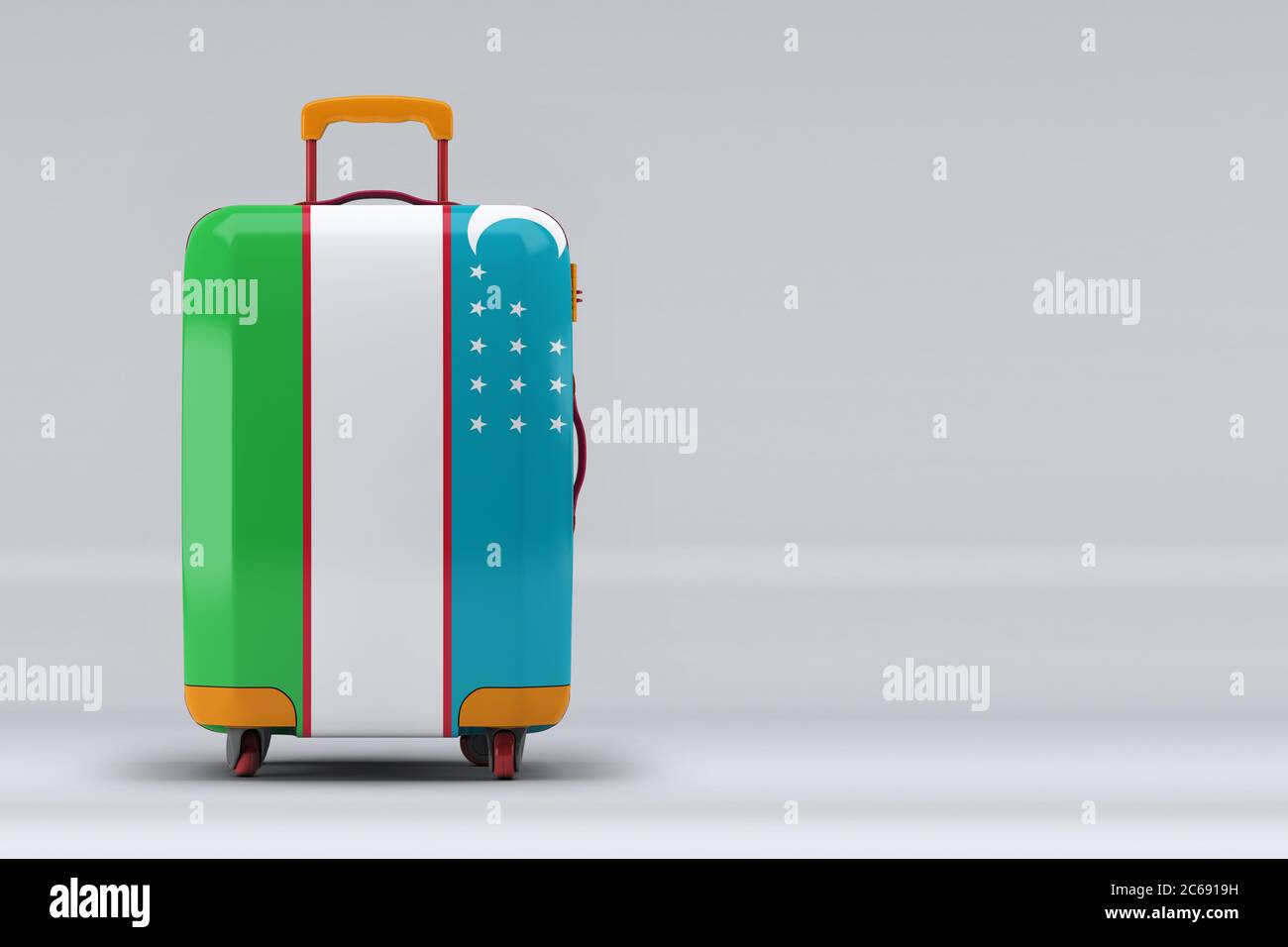 Uzbekistan national flag on a stylish suitcases on color background. Space for text. International travel and tourism concept. 3D rendering. Stock Photo