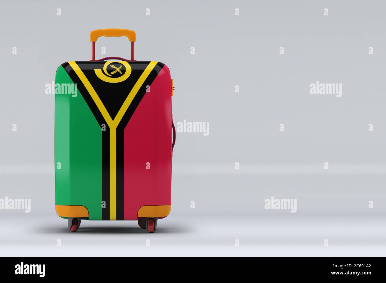 Vanuatu national flag on a stylish suitcases on color background. Space for text. International travel and tourism concept. 3D rendering. Stock Photo
