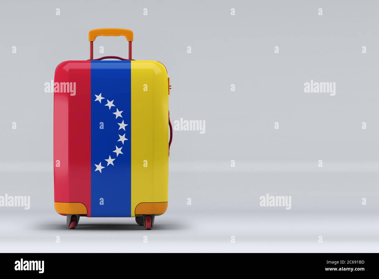 Venezuela national flag on a stylish suitcases on color background. Space for text. International travel and tourism concept. 3D rendering. Stock Photo
