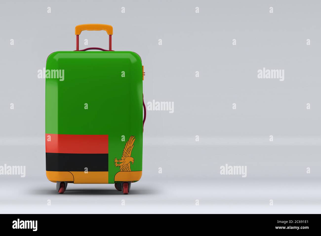 Zambia national flag on a stylish suitcases on color background. Space for text. International travel and tourism concept. 3D rendering. Stock Photo