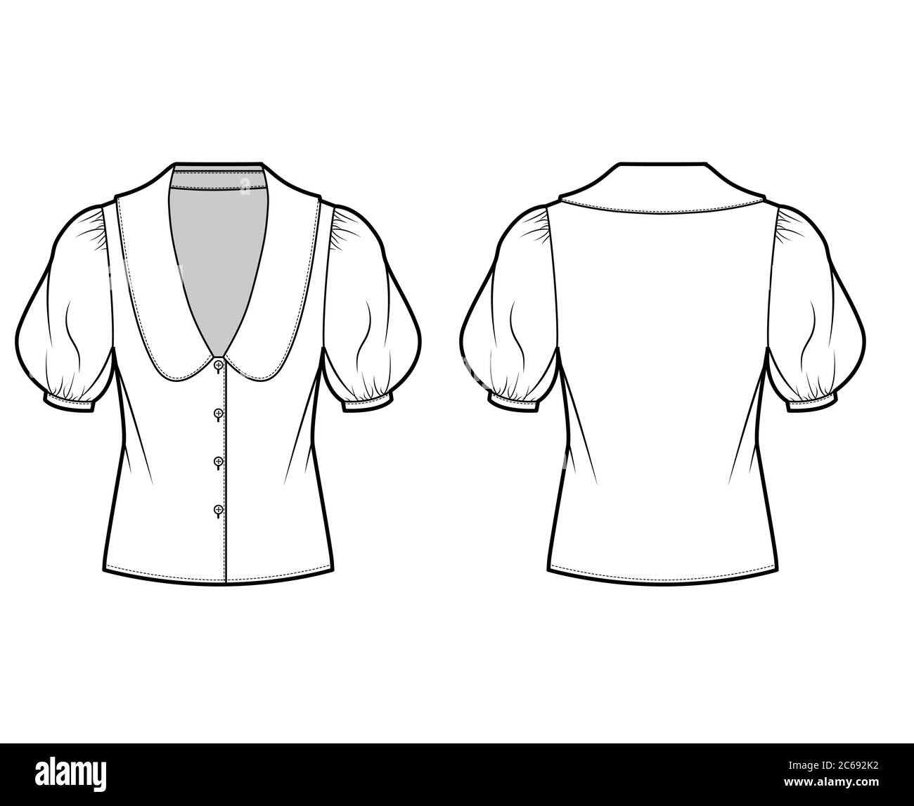 Blouse technical fashion illustration with collar framing V neck, oversized medium puffed sleeves and body. Flat apparel template front, back, white color. Women, men unisex garment CAD mockup Stock Vector