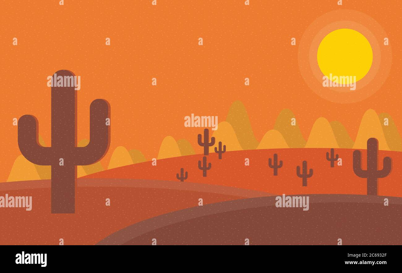Flat cartoon desert sunset landscape. Background vector illustration. Stock Vector