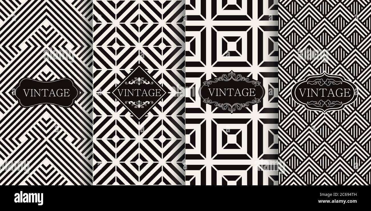 Set of seamless art deco patterns. Vector illustration vintage design. Collection of abstract seamless geometric patterns. Black and white backgrounds Stock Vector