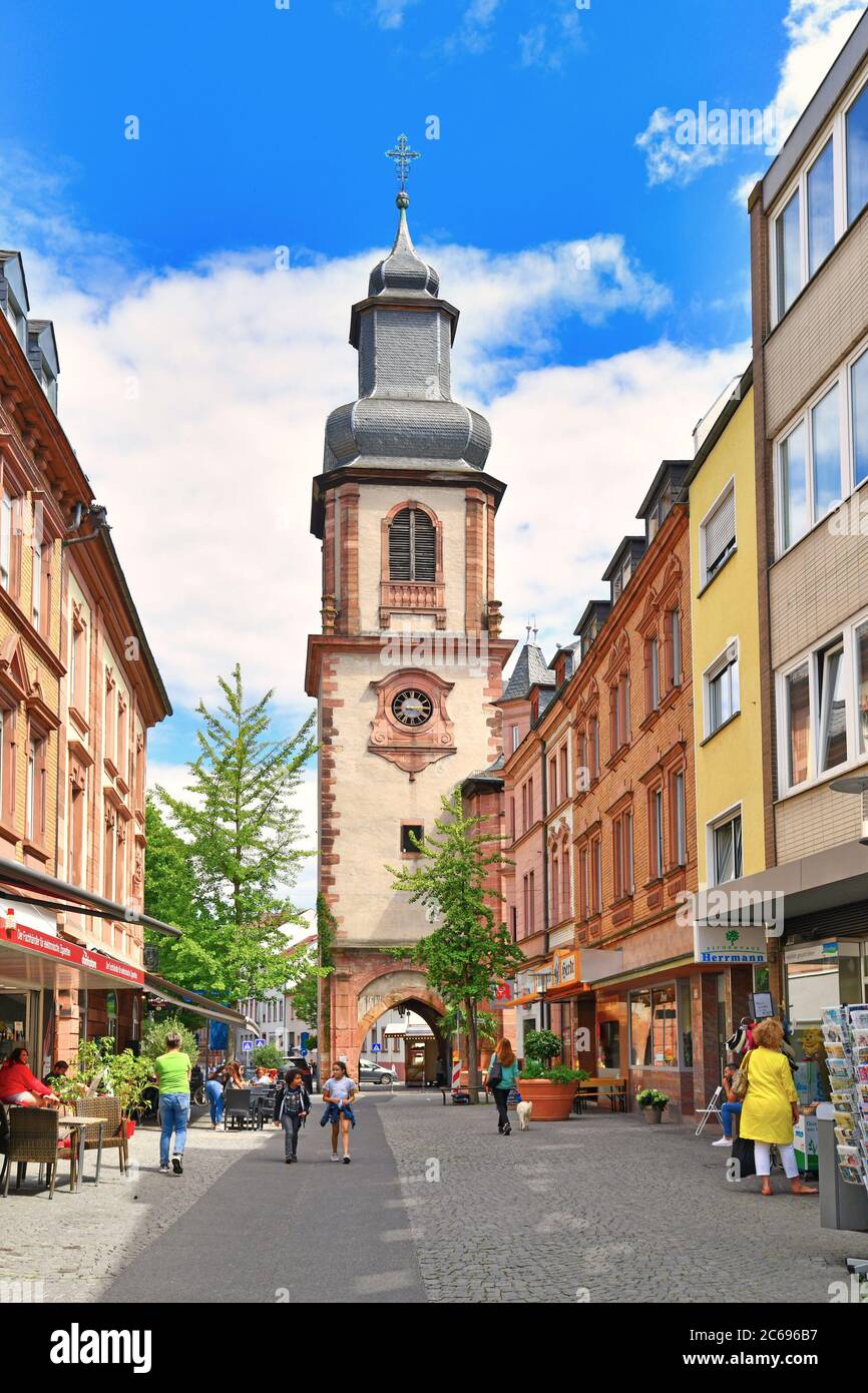 Street and catholic votive church called ' Mariä Heimsuchung' in old historic city center of Aschaffenburg, Germany Stock Photo