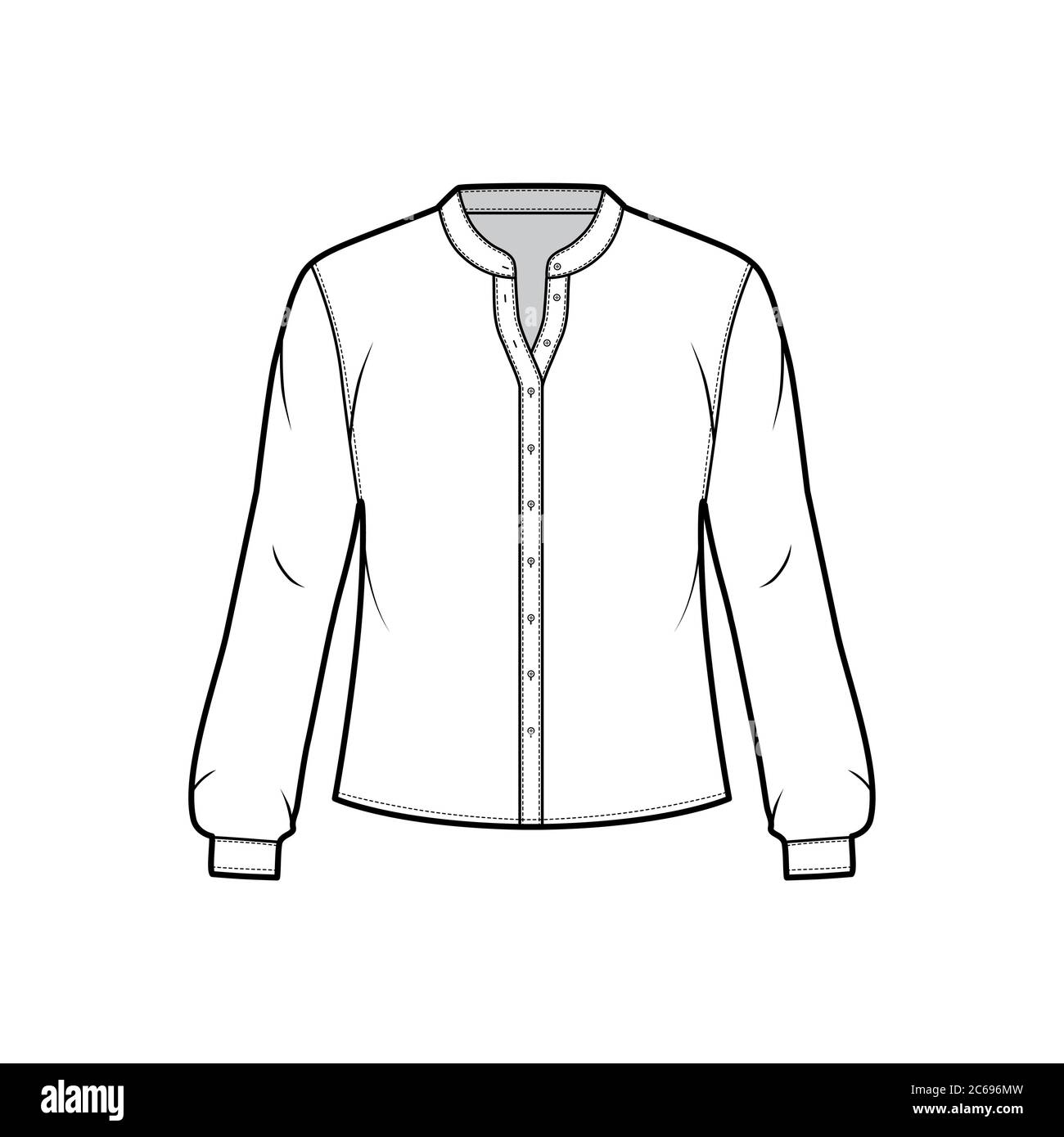 Shirt technical fashion illustration with curved mandarin stand collar ...