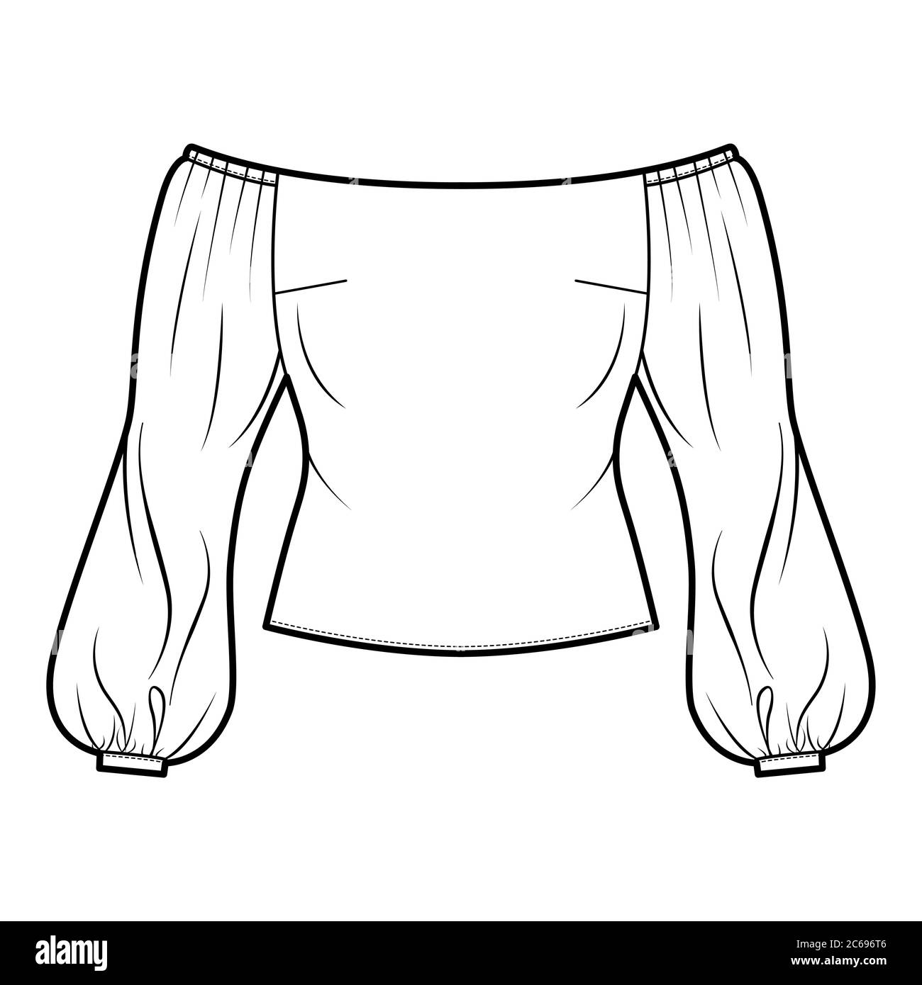 Off-the-shoulder top technical fashion illustration with long sheer puffy sleeves, back zip fastening. Flat apparel blouse template front, white color. Women, men and unisex mockup CAD for designer Stock Vector