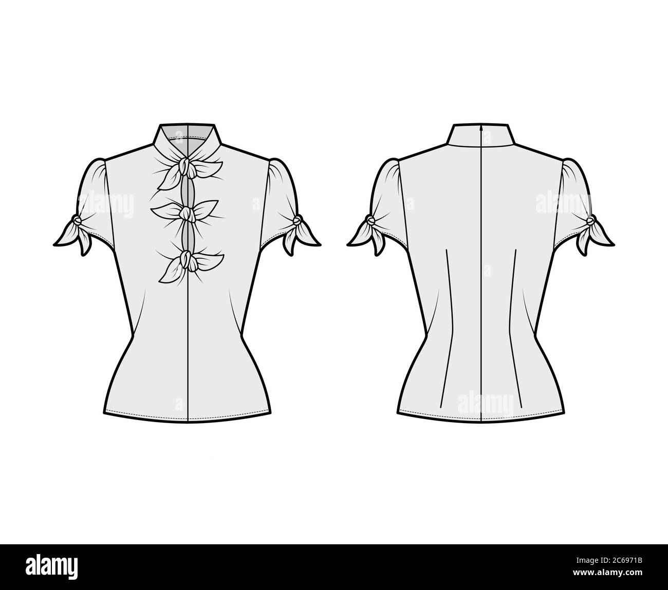 Knotted cutout blouse technical fashion illustration with high neckline, puffed volume sleeves, back zip fastening. Flat apparel template front, back grey color. Women men unisex garment CAD mockup Stock Vector