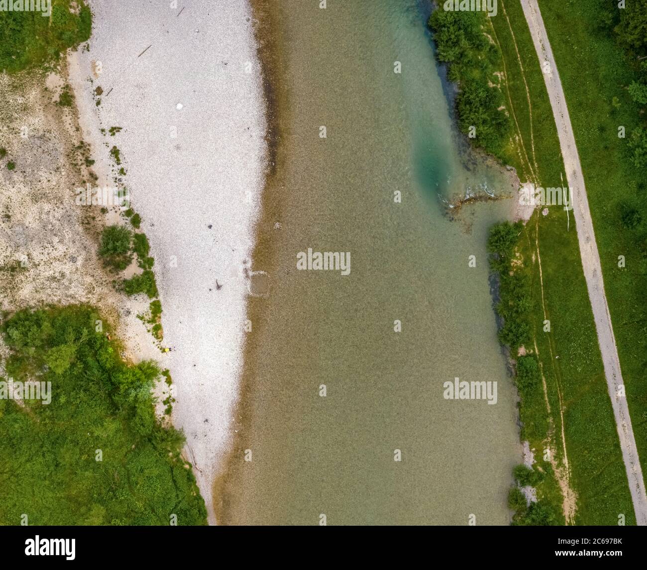 Top view at the bavarian river Isar with a white sandbank Stock Photo ...