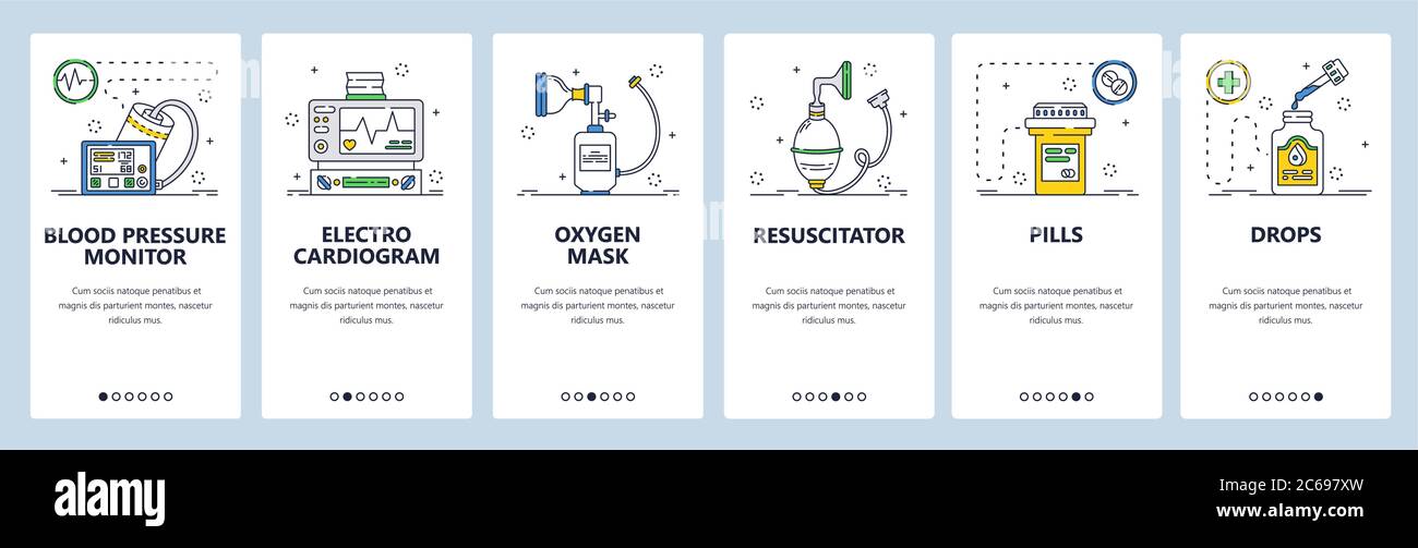 Medical instrument and devices online. Mobile app onboarding screens, vector website banner template Stock Vector