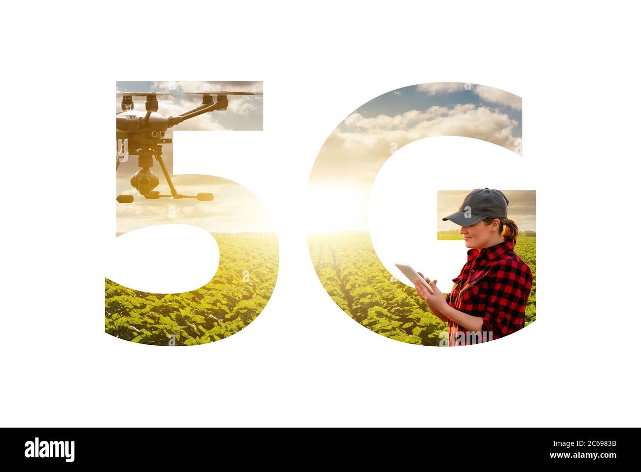 5G network for control drone on a smart farm. Stock Photo