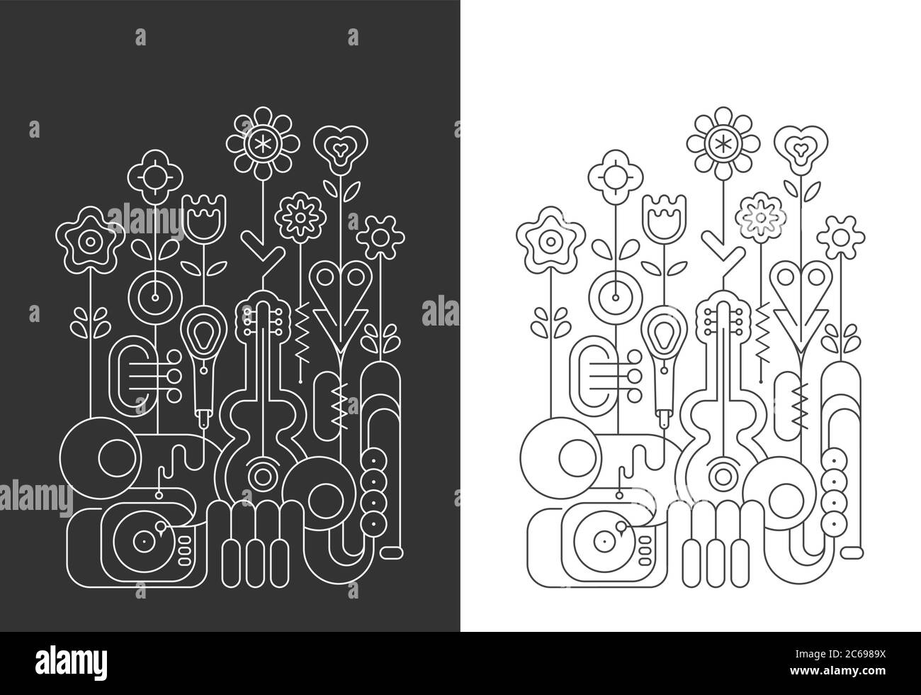Line art isolated on a dark grey and on a white background Flowers and Music Instruments vector illustrations. Guitar, saxophone, piano keyboard, trum Stock Vector