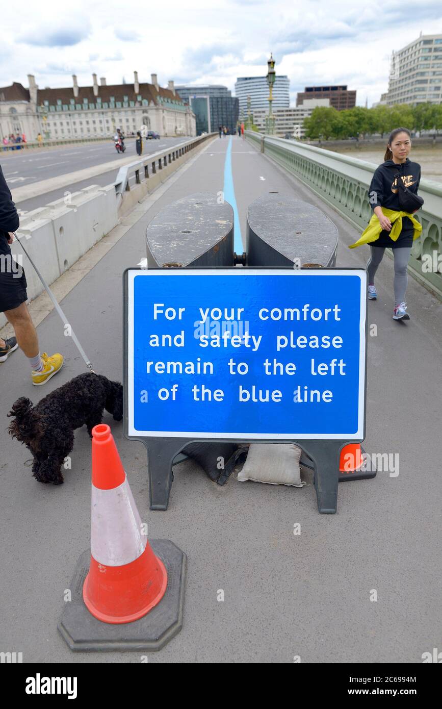 London, England, UK. Special measures on Westminster Bridge to keep people apart during the COVID-19 pandemic, July 2020 Stock Photo