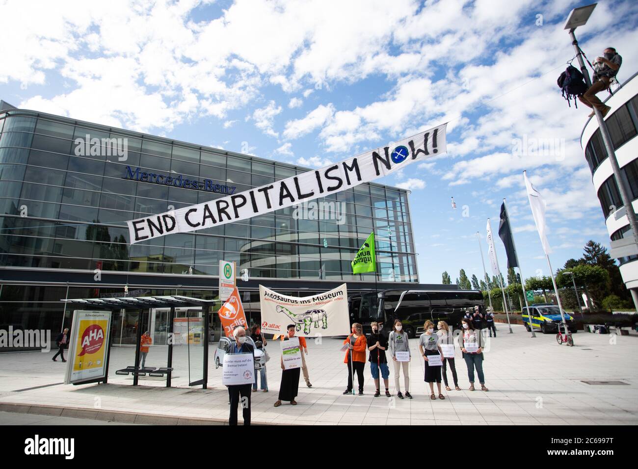 Stuttgart Germany 08th July 2020 Demonstrators Have Hung Up A Banner With The Inscription End Carpitalism Now In Front Of The Mercedes Benz Global Training Center In Stuttgart Vaihingen They Demand A Social Ecological Restructuring