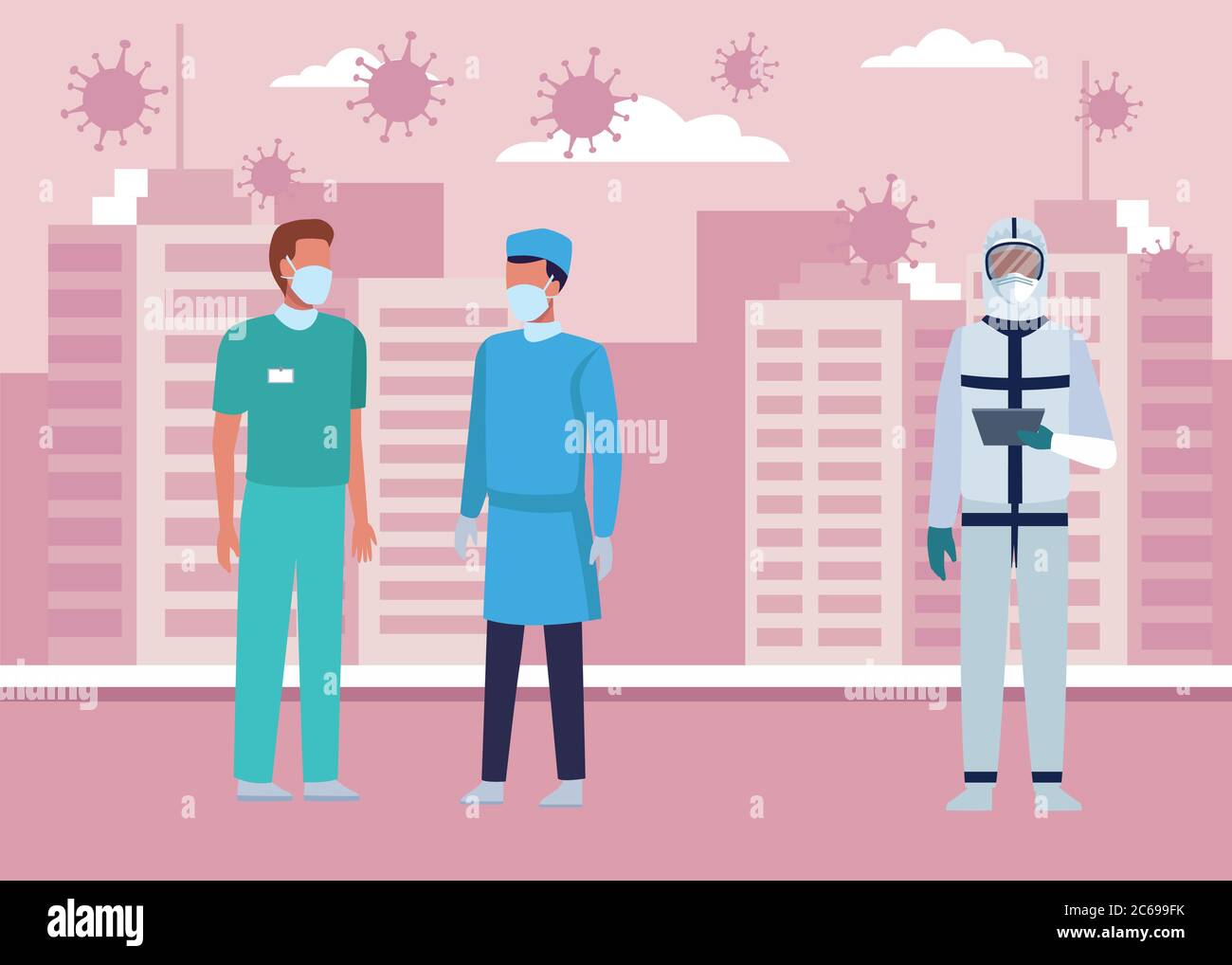 group of doctors wearing medical masks on the city vector illustration ...