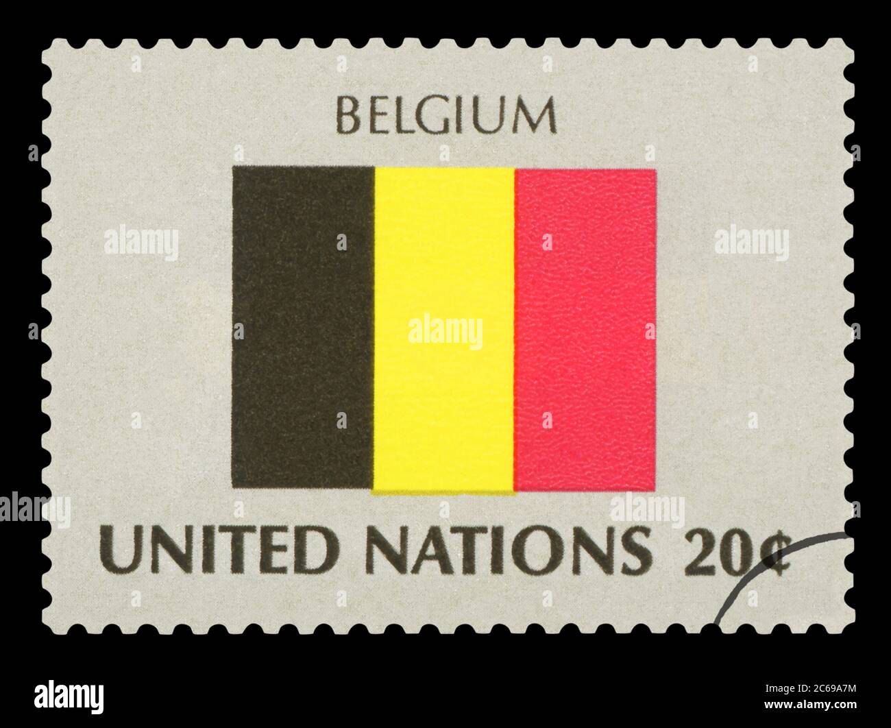 BELGIUM - Postage Stamp of Belgium national flag, Series of United Nations, circa 1984. Isolated on black background. Stock Photo