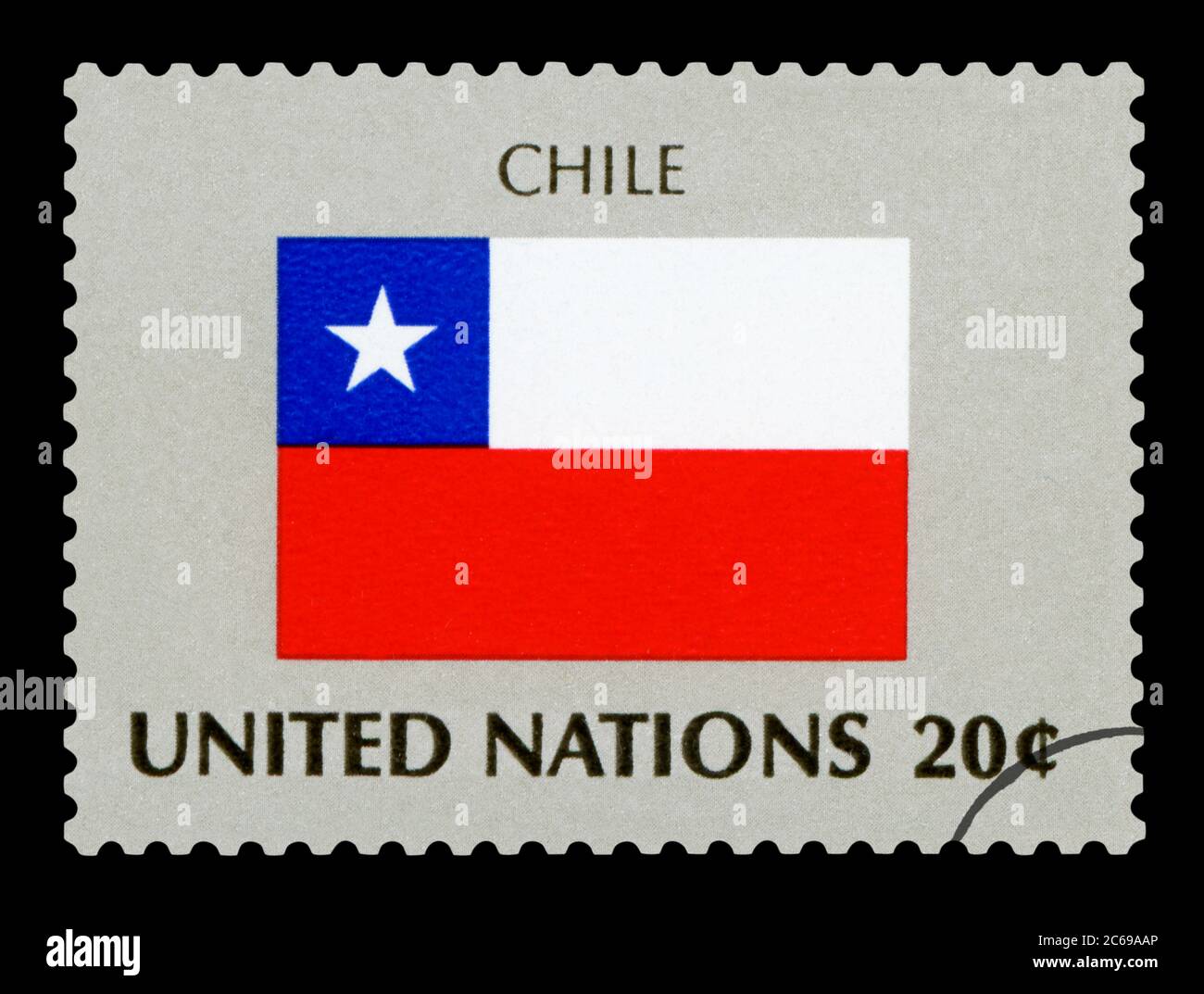 CHILE - Postage Stamp of Chile national flag, Series of United Nations, circa 1984. Isolated on black background. Stock Photo