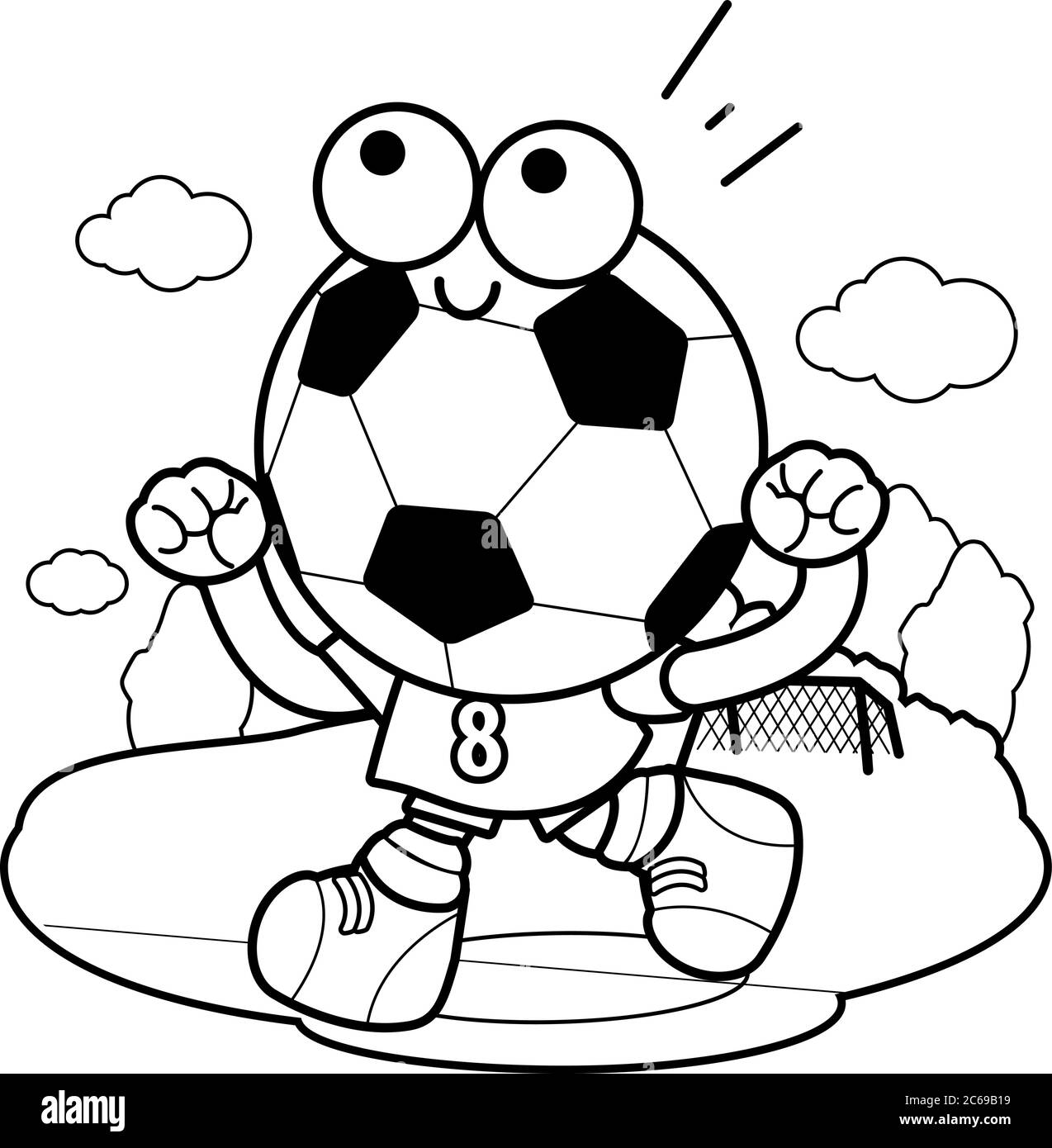 Cheering cartoon soccer ball. Vector black and white coloring page Stock Vector
