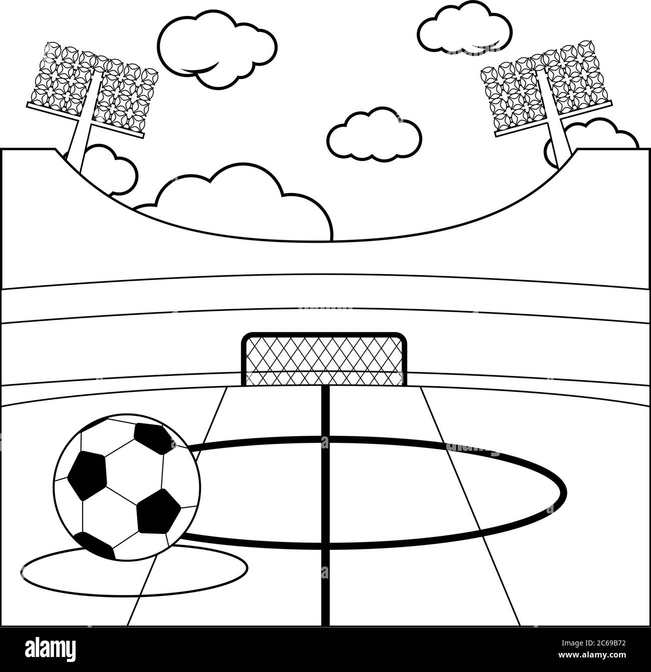 Soccer stadium and a soccer ball. Black and white coloring page Stock Vector