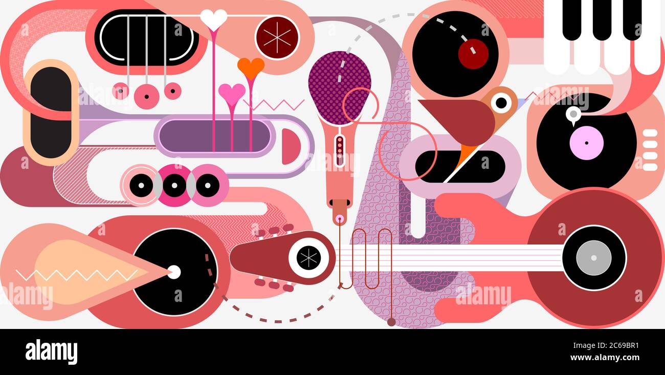 Abstract music background. Flat design of various musical instruments and singing bird, vector illustration. Acoustic guitar, saxophones, piano keys, Stock Vector