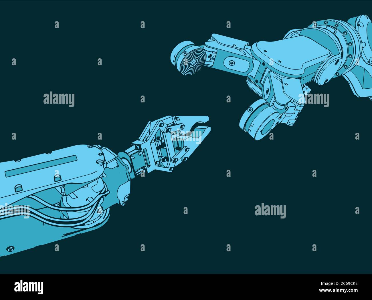 Stylized vector illustration on the theme of industrial robotic systems ...