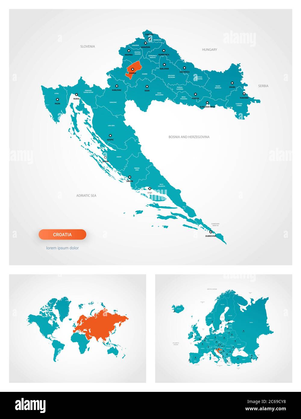 Editable Template Of Map Of Croatia With Marks Croatia On World Map Editable Template Of Map Of Croatia With Marks Croatia On World Map And On Europe Map 2C69CY8