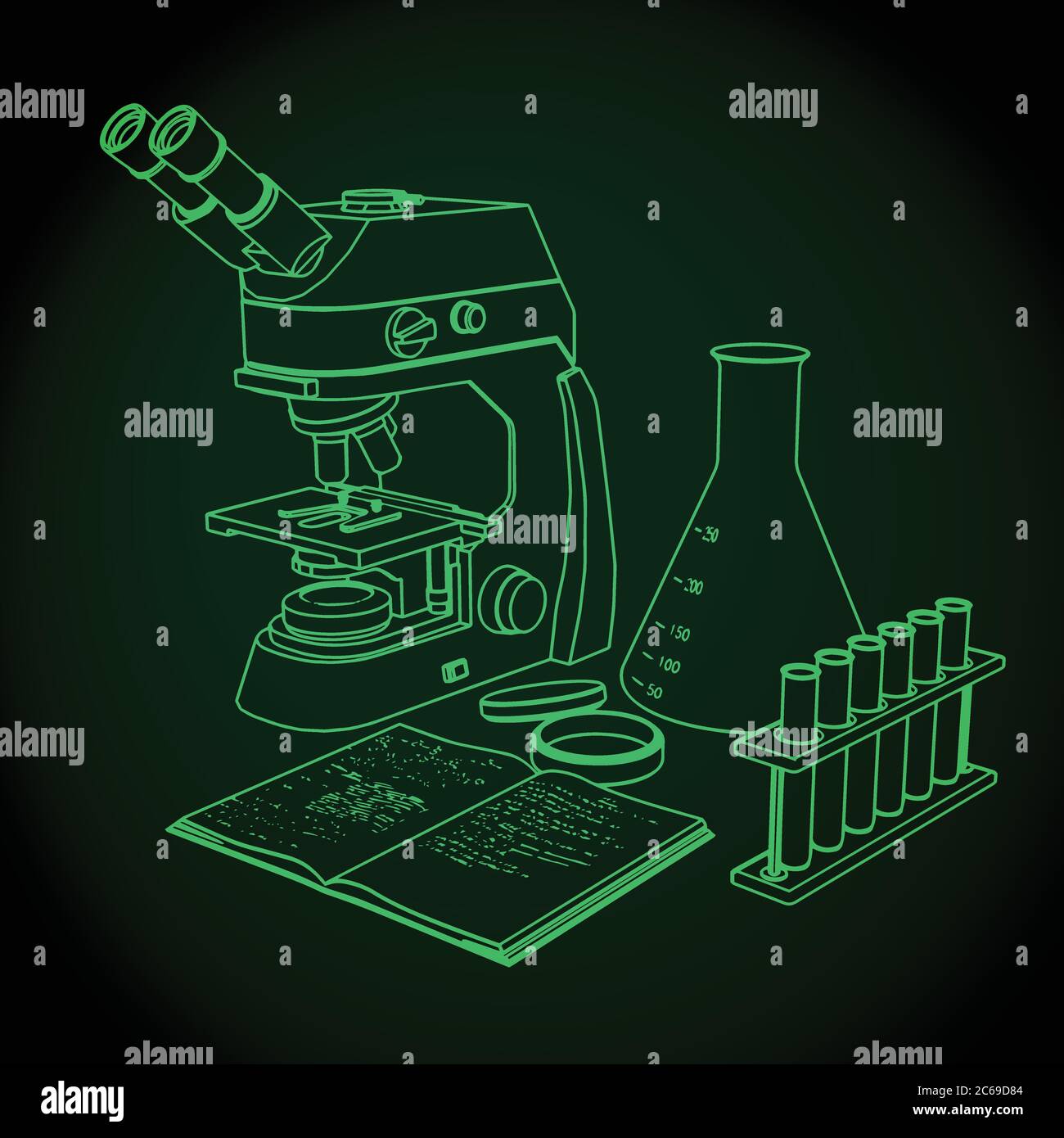 Two Young Characters With Science Club Equipment On White Background Male  And Female Teens Wearing White Coats And Smiling Set Of Scientific Items  With Microscope Science Book Tubes Formulas Stock Illustration 