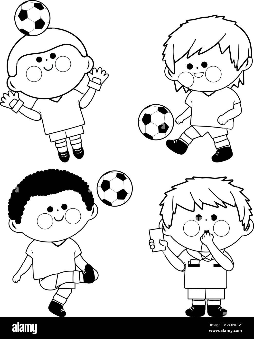 Children soccer players. Vector black and white coloring page Stock Vector