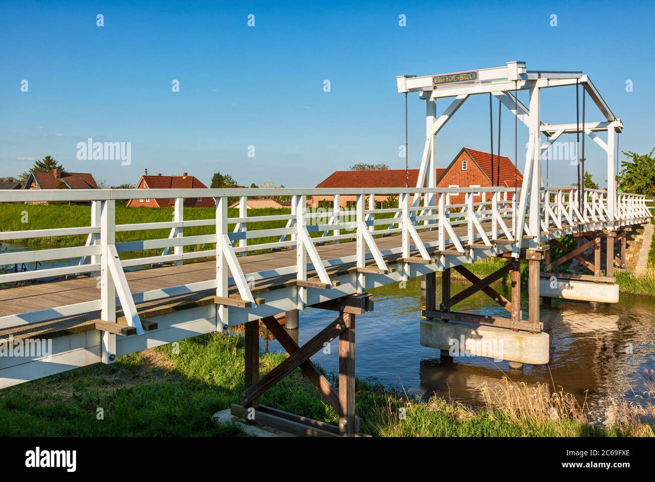 Hogendieckbrücke, bascule bridge across Lühe river at Steinkirchen, Altes Land region, Germany Stock Photo