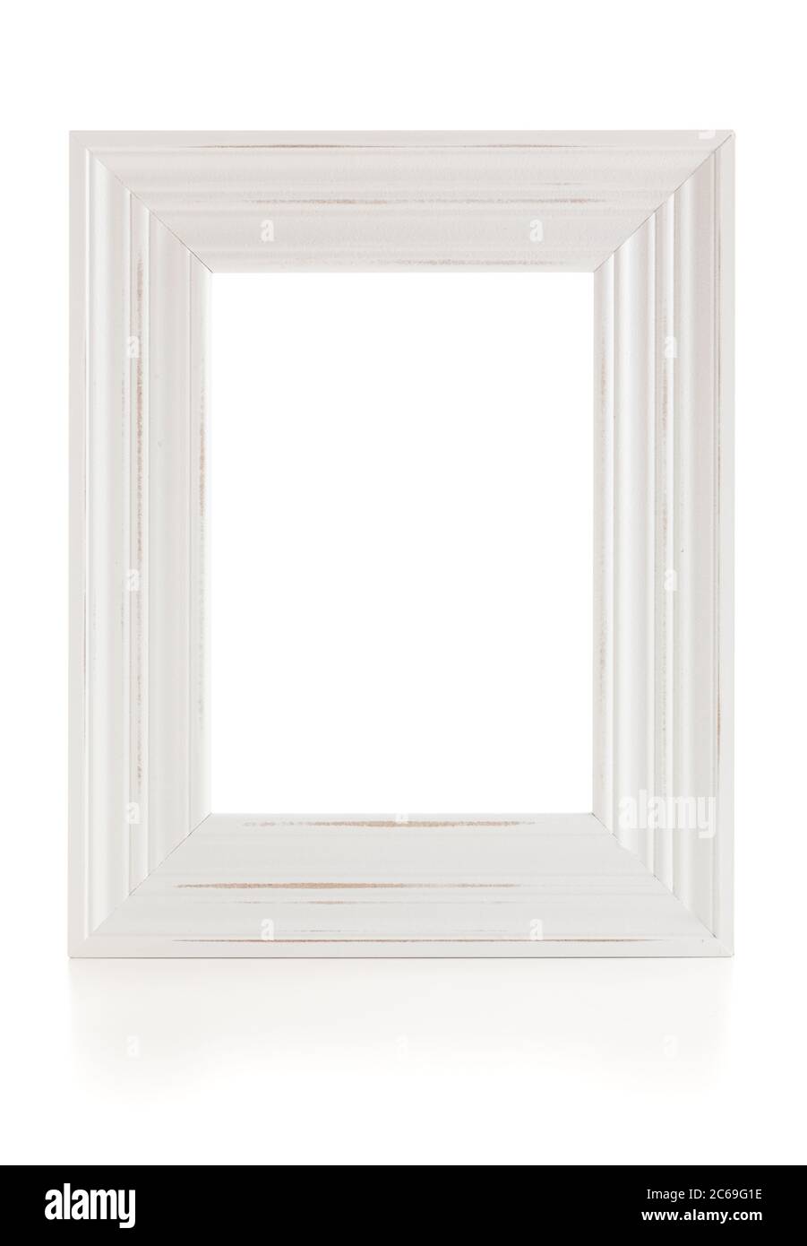 Vintage styled wooden white picture frame isolated with clipping path. Separate pathes for inside and outside of frame. Stock Photo