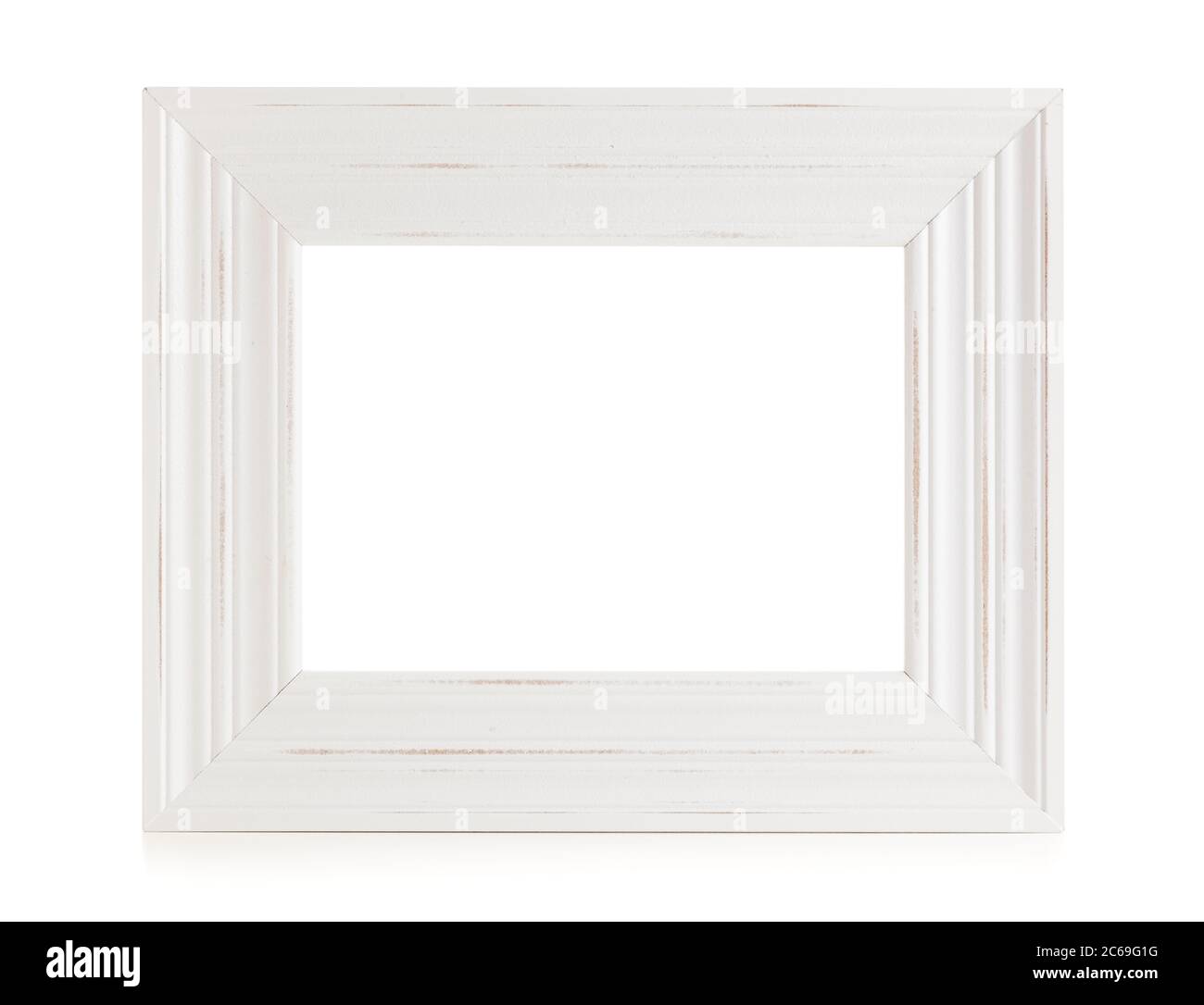 Vintage styled wooden white picture frame isolated with clipping path. Separate pathes for inside and outside of frame. Stock Photo