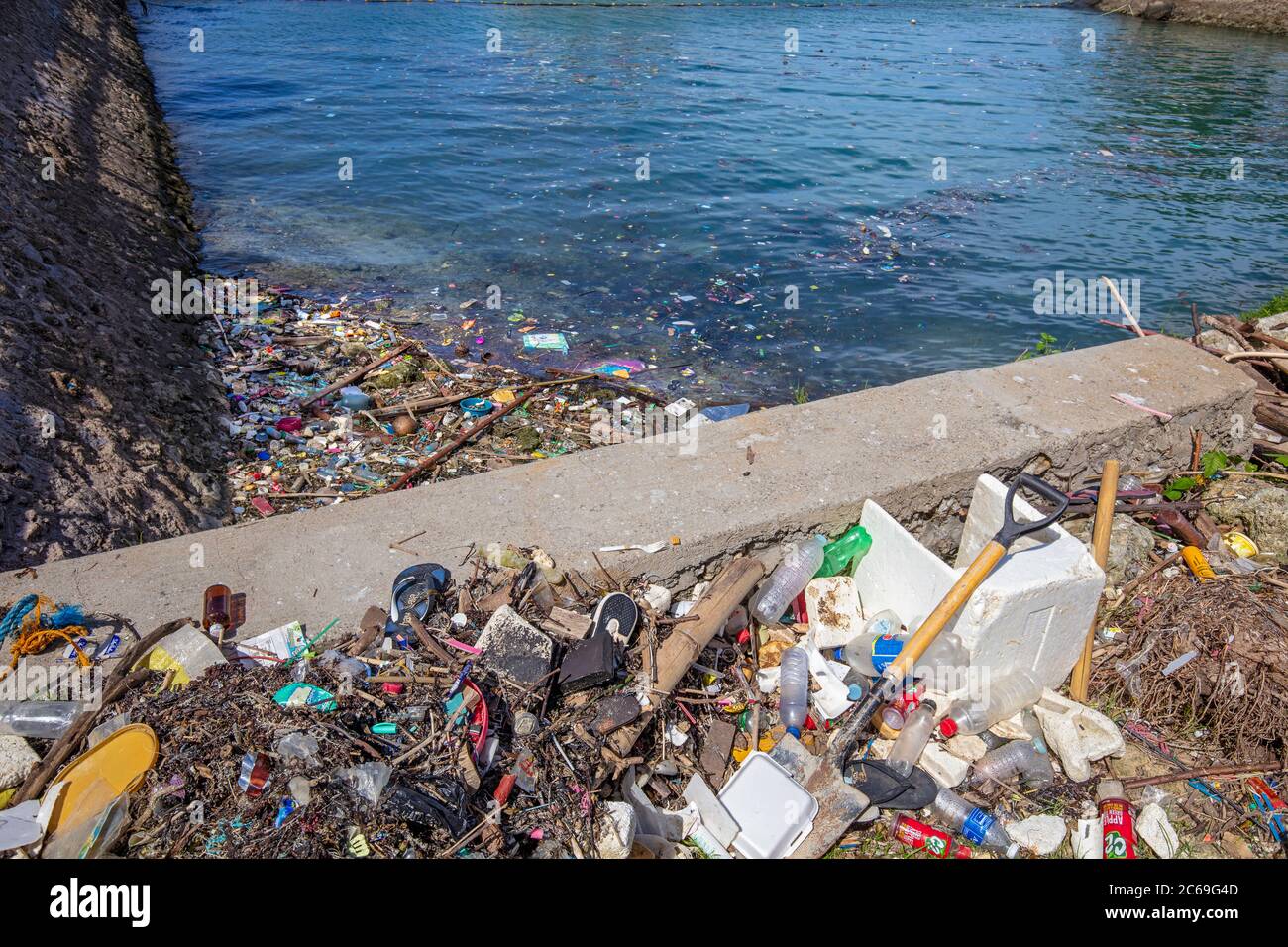 A harbor in Cebu filled with plastic floating trash, Philippines Stock