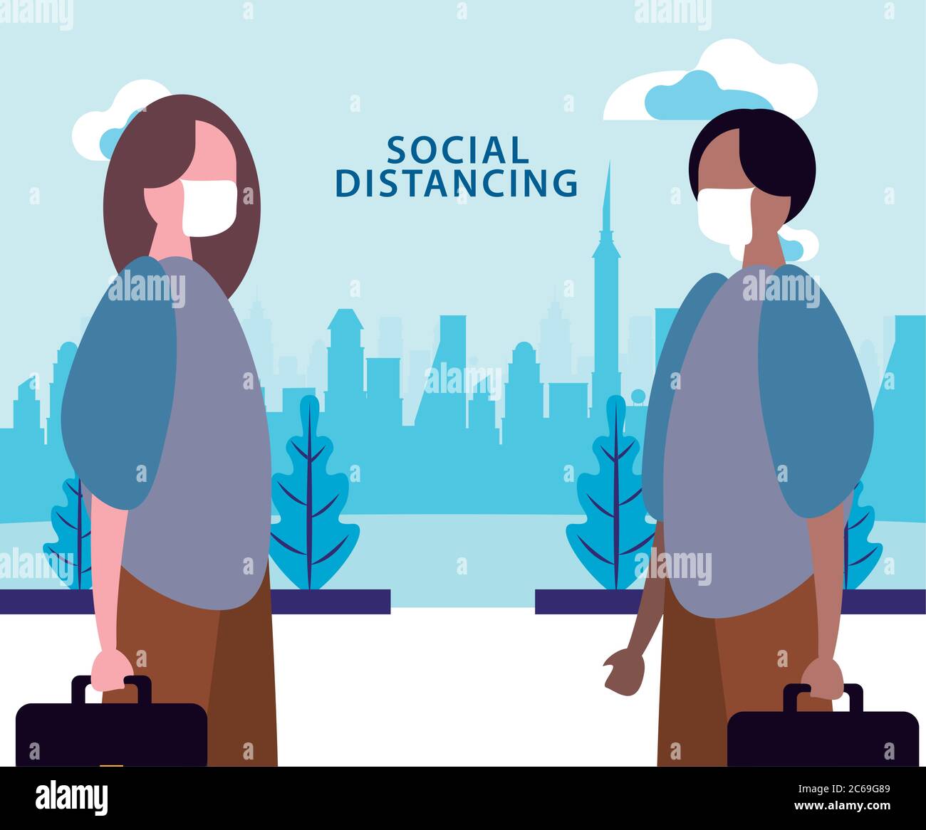 couple using face masks with social distancing for covid19 vector ...