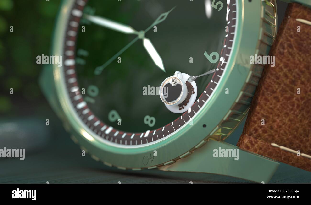 Wristwatch close-up with the hands of the clock at seven in the morning and a cup of coffee on the dial. Creative conceptual illustration. 3D render. Stock Photo