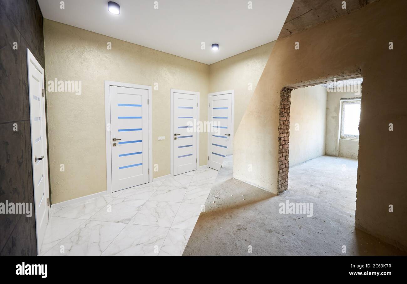 Horizontal snapshot of a room in a big apartment, before and after versions, modernized corridor with many closed white doors, spot lights on the ceiling in a light hallway Stock Photo