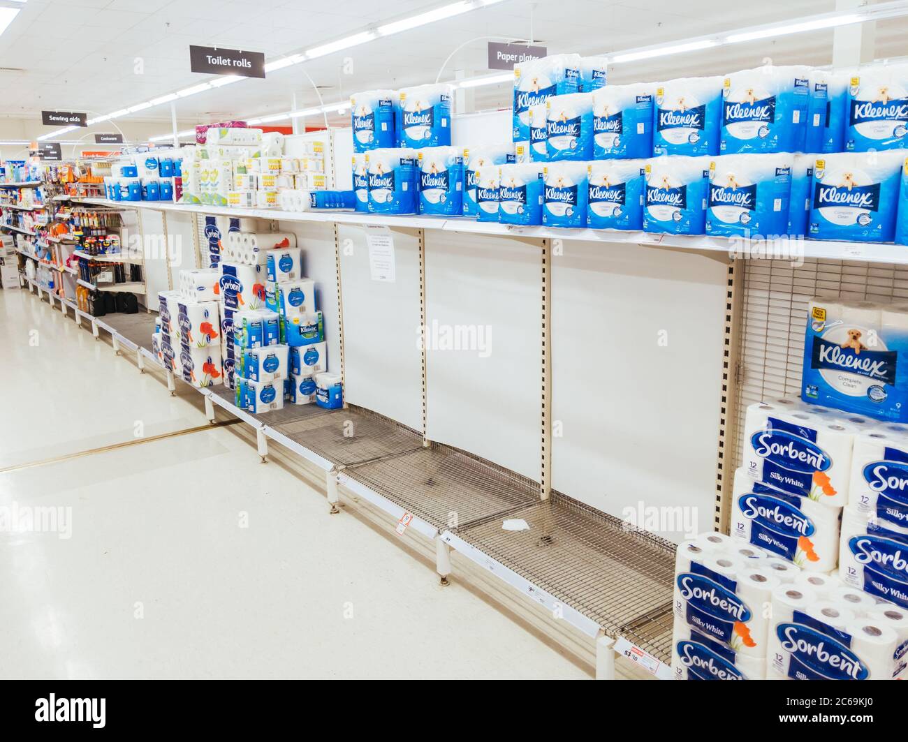 Empty Food and Product Shelves at an Australian Supermarket Stock Photo