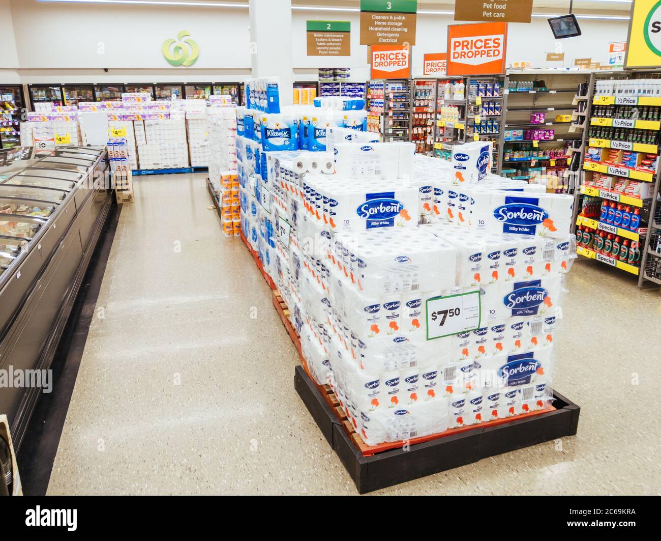 Empty Food and Product Shelves at an Australian Supermarket Stock Photo