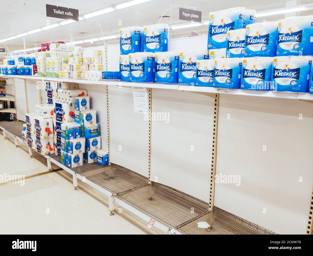 Empty Food and Product Shelves at an Australian Supermarket Stock Photo