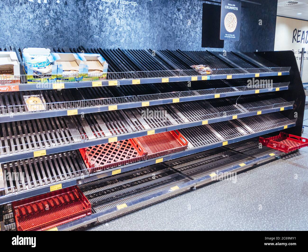 Empty Food and Product Shelves at an Australian Supermarket Stock Photo
