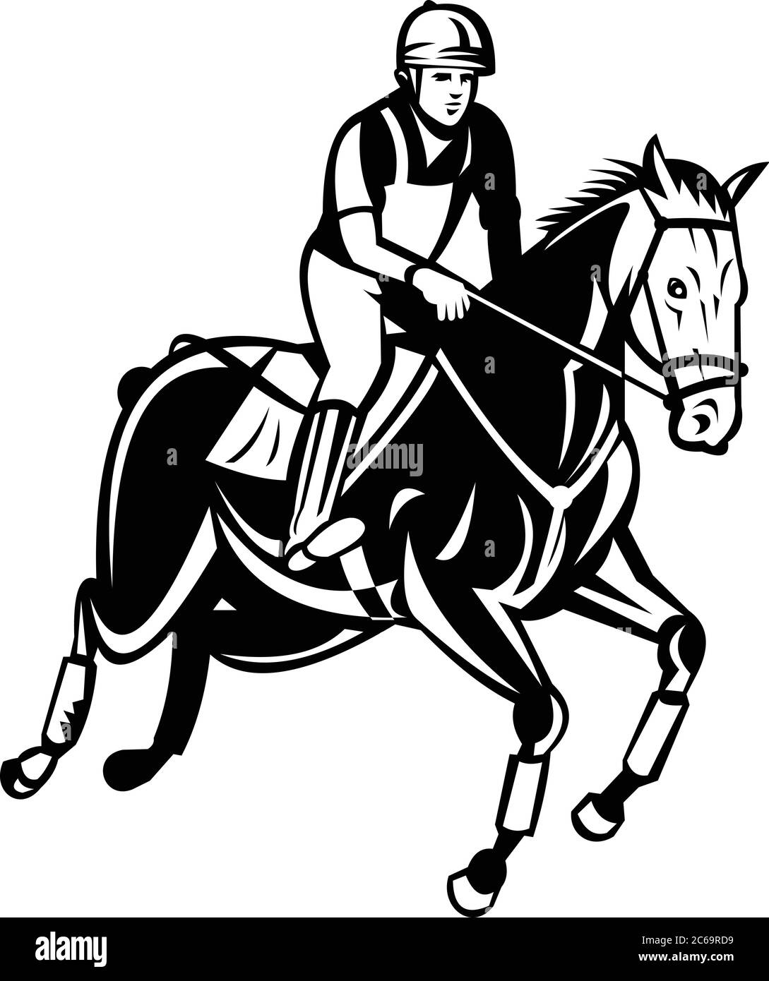 Retro black and white style illustration of an equestrian riding horse show jumping, stadium jumping or open jumping,  part of a group of English ridi Stock Vector